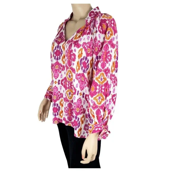 Christian Siriano V Neck High Low Tunic Top Pink Orange Long Tie Sleeves - Picture 3 of 9